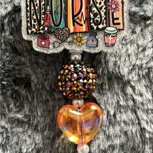 NURSE Glitter Badge Reel with Iridescent Heart & Crystal Bead